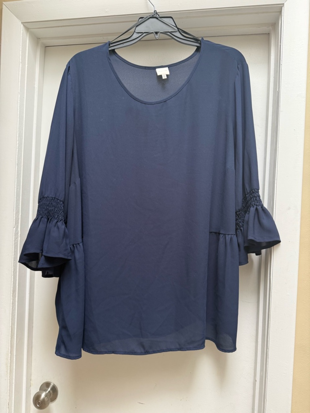 Pleione Navy Smocked-Sleeve Blouse